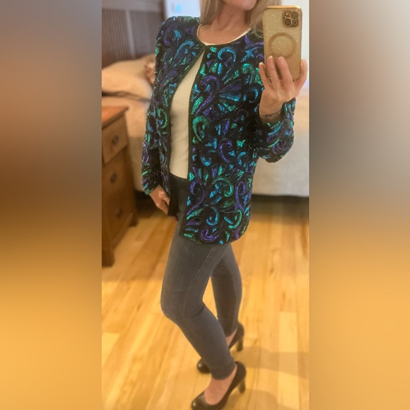 Vintage 1980’s Laurence Kazar Black, Blue, and Purple Sequin Beaded Jacket, Sz S - Picture 9 of 9